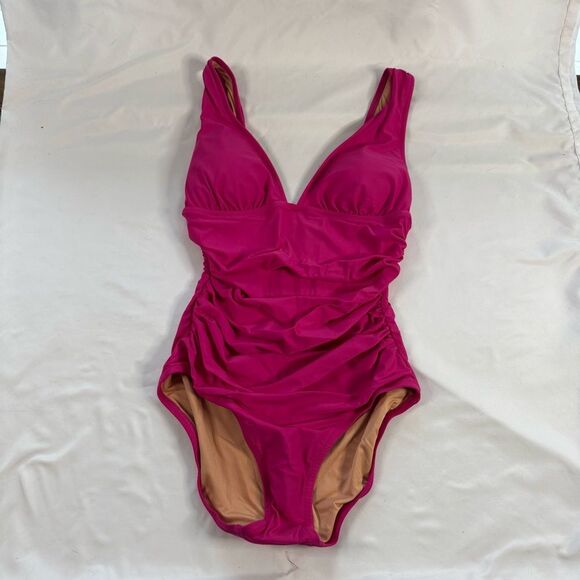 NWT J Crew Pink Ruched V Neck One Piece Swimsuit Beach Barbie Classic Size 10 - Picture 1 of 7